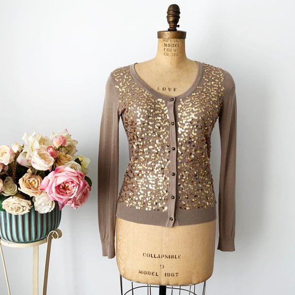 LOVE 21 Brown Knitted Size XS Cotton Cardigan with Gold Sequins Adornment - Picture 3 of 7
